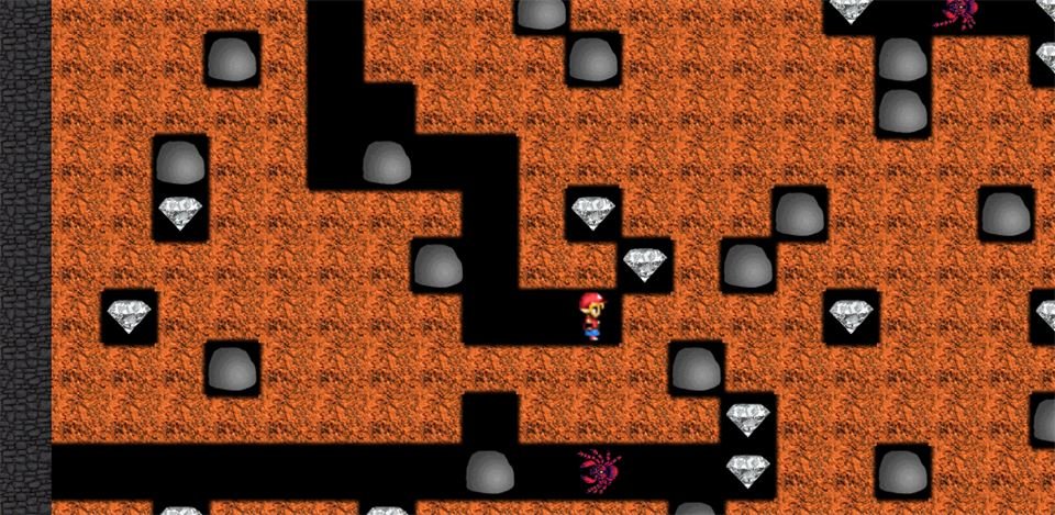 Diamond Mine gameplay: a miner digging through orange earth between boulders and diamonds