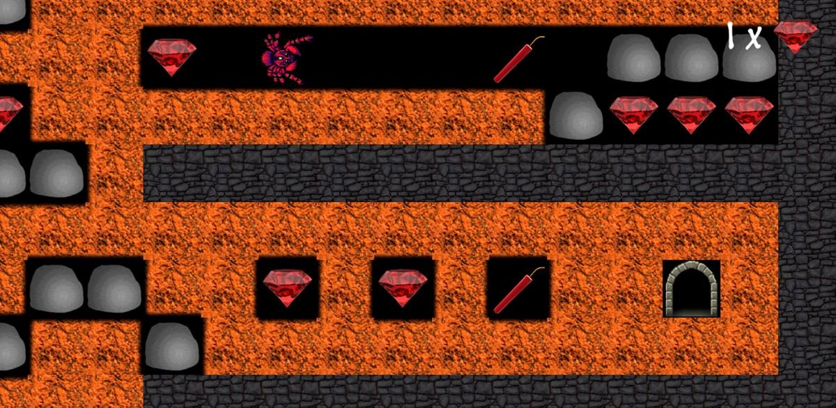 Diamond-Mine-Level mit Rubinen, Dynamit, Felsen und der Ausgangstür