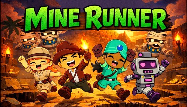Mine Runner key art: four explorers and a robot running from mummies in a pyramid