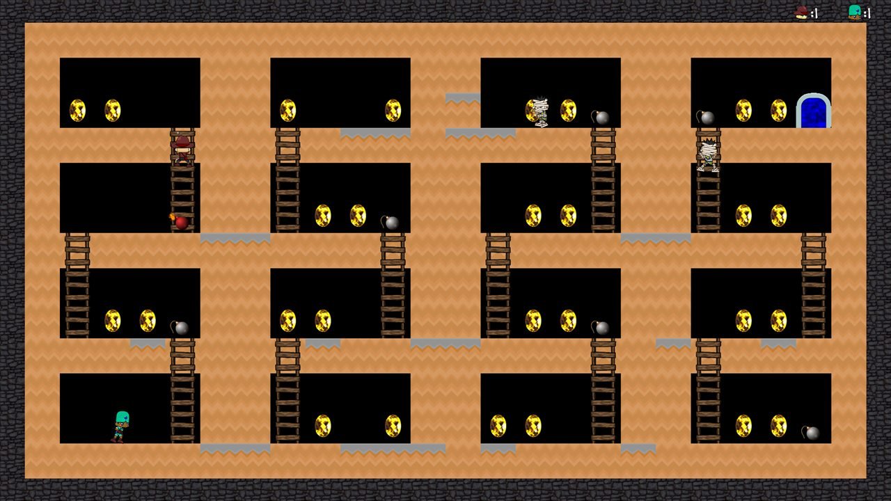 A full Mine Runner level seen from above: ladders, gold and mummies across a pyramid floor